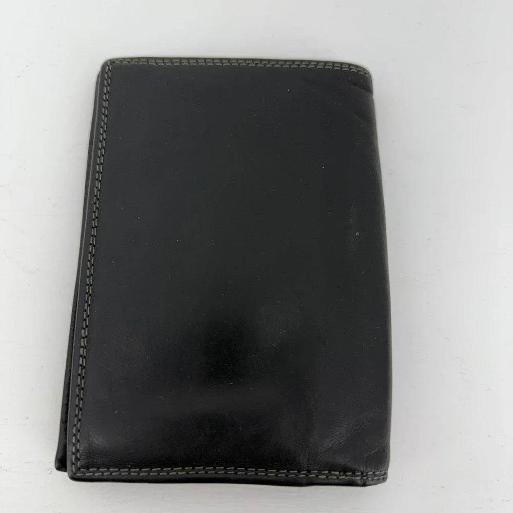 Katana Mens Black Leather Trifold Wallet Vertical Zip Pocket ID Windows